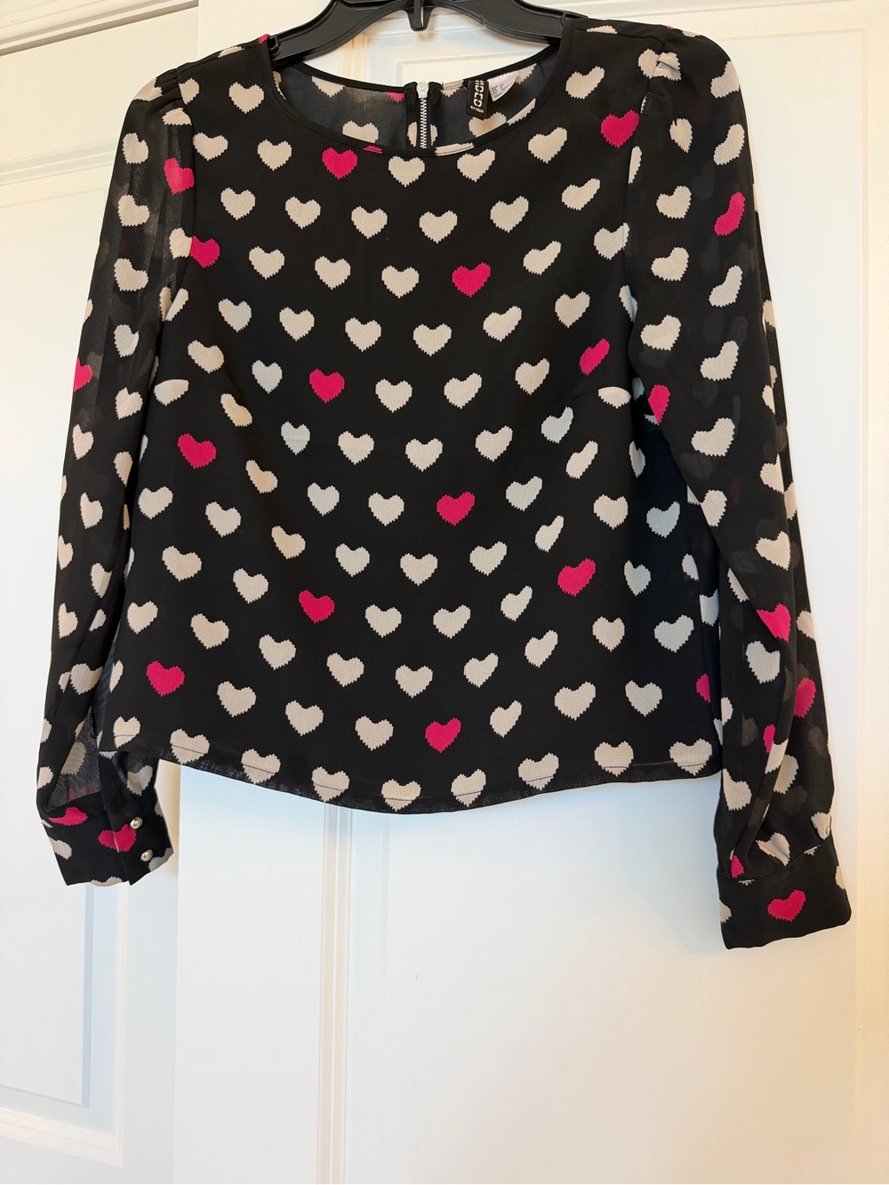 H&M Black Top with Cream & Pink Heart Print